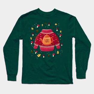 Christmas holiday sweater with tea kettle, leaves and mushrooms. Colorful winter festive illustration. Long Sleeve T-Shirt